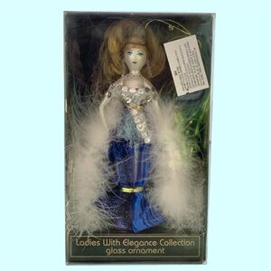 Ladies with Elegance Collection Blue Velvet Dress White Boa Blown Glass Ornament